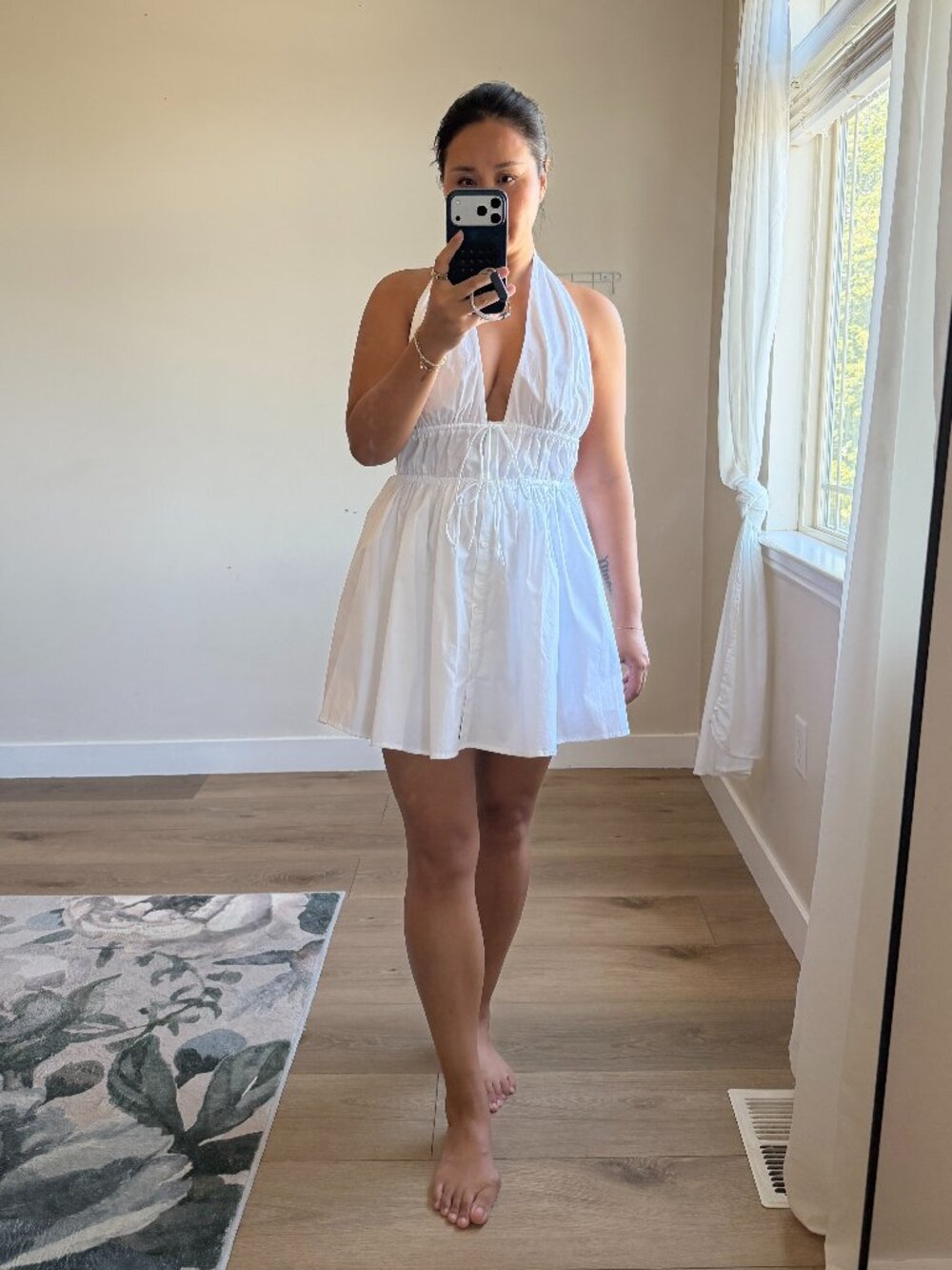 Zara White Halter Mini Summer Dress Medium | Deep V Cotton Dress | Open Back